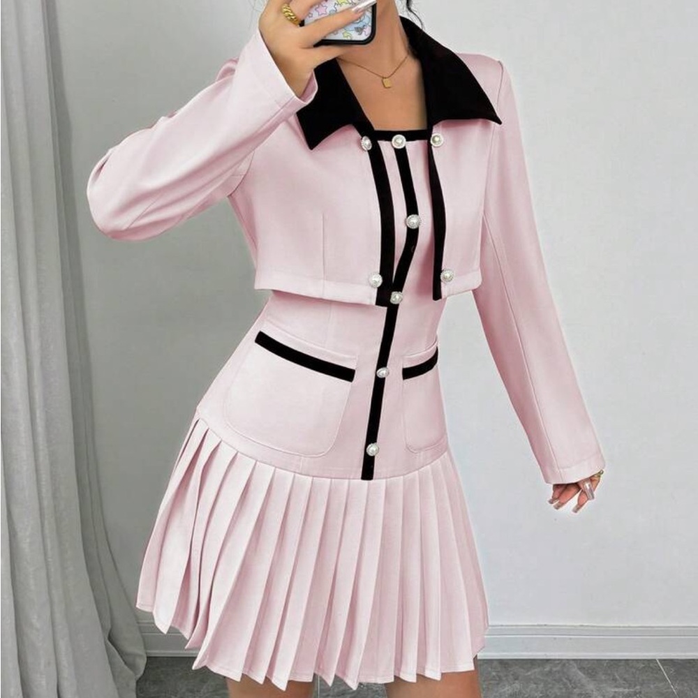 Pink two piece pleated dress set with collar long sleeve jacket with pockets